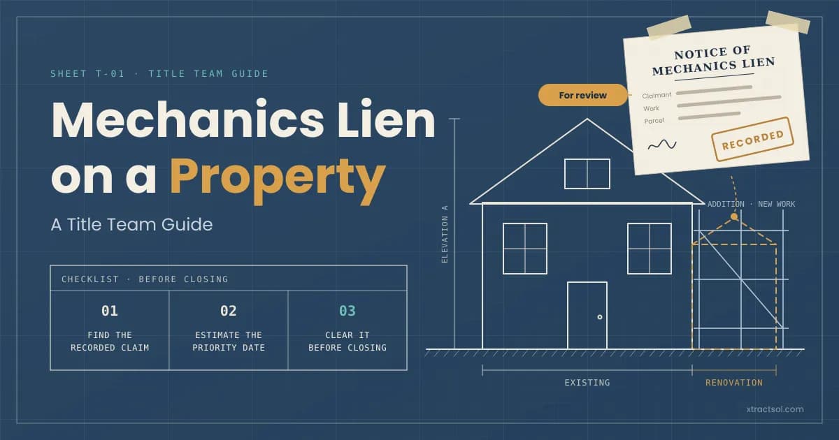 Title examiner reviewing a mechanics lien on a property in county records before closing