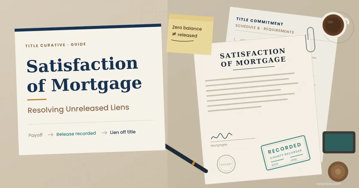 Recorded satisfaction of mortgage document on a county recorder desk beside a title commitment.