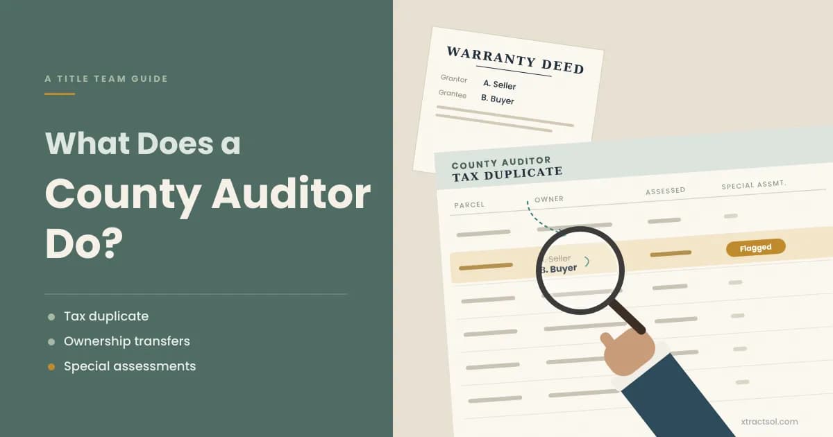 Title examiner reviewing county auditor property tax records and a deed transfer before closing