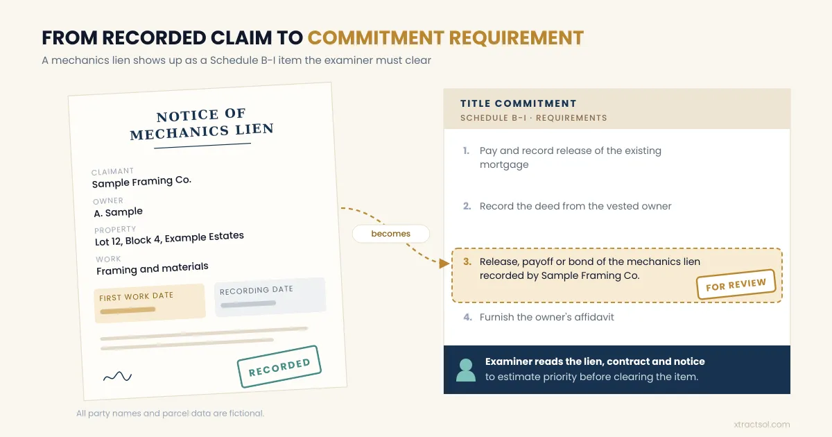 Recorded mechanics lien with fictional parties shown as a Schedule B-I requirement marked for review.
