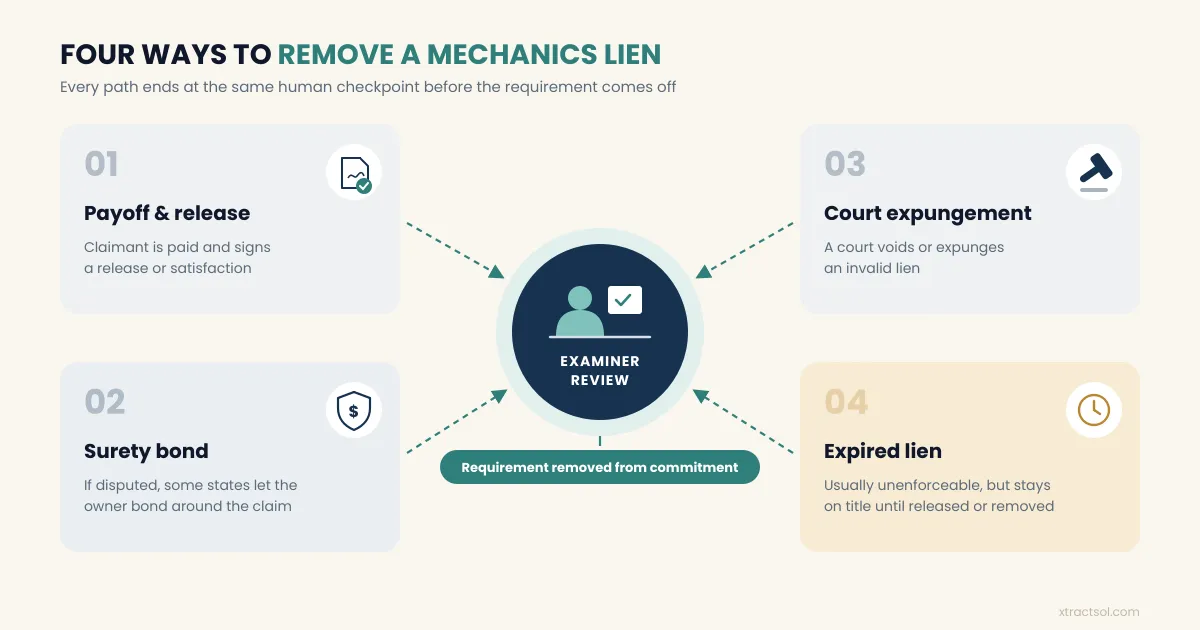 Four ways to remove a mechanics lien, all leading to examiner review before the requirement is removed.