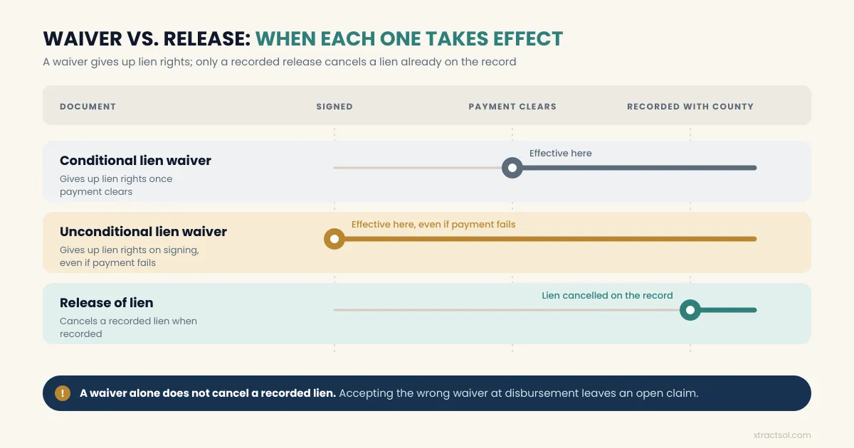 Conditional waiver, unconditional waiver, and release of lien compared by when each takes effect.